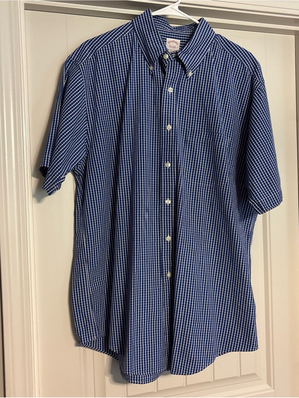 Brooks Brothers Shirt Mens Blue Plaid Seersucker Short Sleeve Large Regular Fit